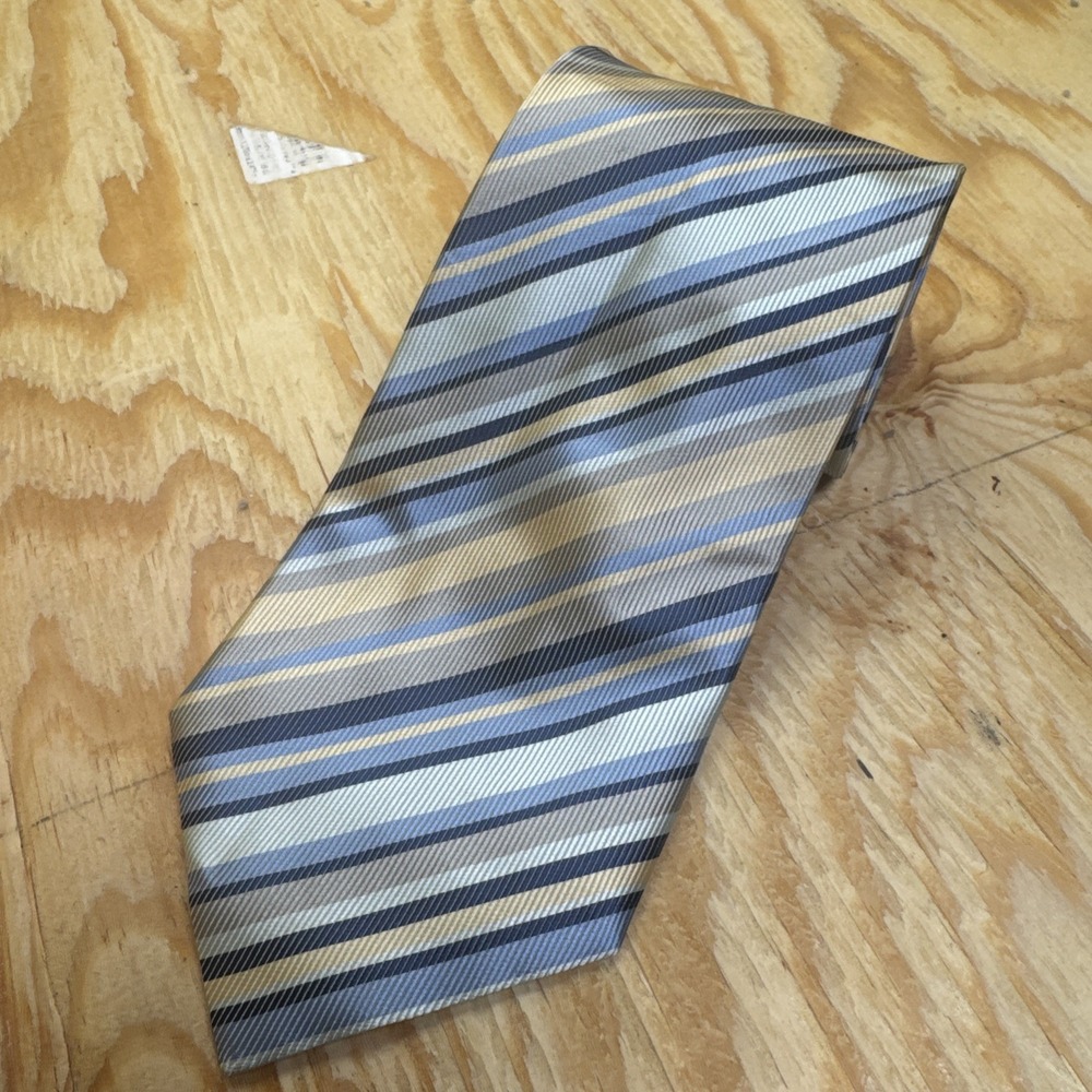 Bernini Neck Tie 100%‎ Silk Regimental Stripe Classic Blue Beige Beach Wedding